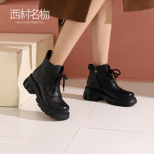西村名物短靴女2022秋冬新款真皮英伦系带休闲厚底马丁靴女44251 商品图2