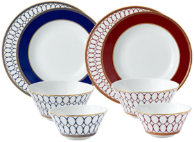 【团购展示】WEDGWOOD玮致活 金粉年华两人食4盘4碗套组（蓝配红）