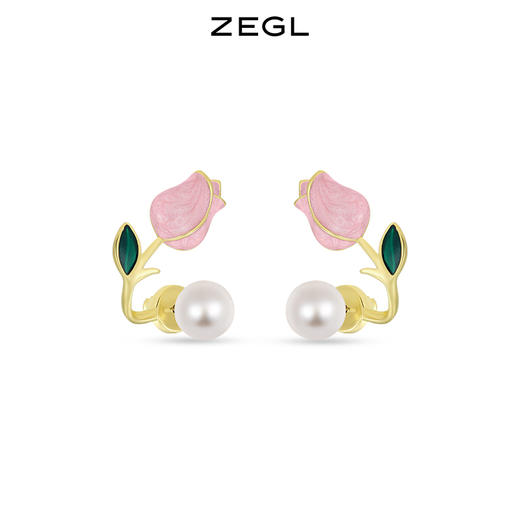 ZEGL粉色郁金香花朵耳环女夏小众设计感高级人造珍珠耳钉银针耳饰 商品图0