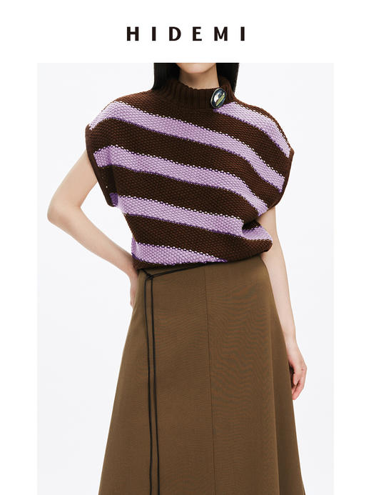 HIDEMI 美利奴羊毛粗花针斜条纹立领廓形落肩马夹 菠萝绿/香芋紫 商品图8