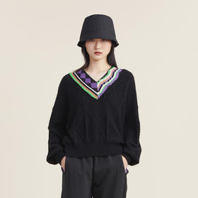 谜底2022秋新款复古V领宽松百搭时尚针织衫毛衫长袖女223MZ1378