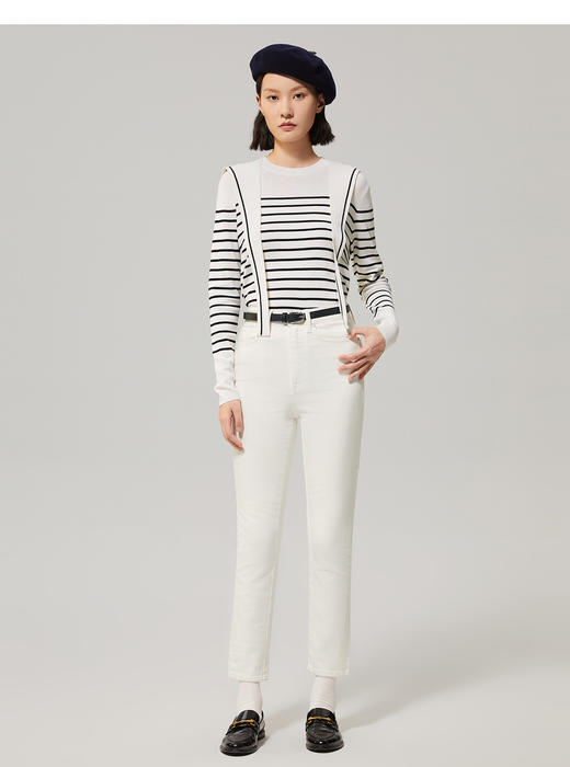 OVV新款女装桑蚕丝羊毛可拆卸领海军风条纹长袖针织衫 商品图1