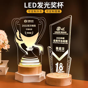 发光实木底座水晶奖杯定制定做奖牌亚克力LED员工纪念礼品小夜灯