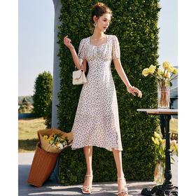 欧芮儿碎花雪纺连衣裙女春装2022年新款收腰时尚法式灯笼袖大摆裙