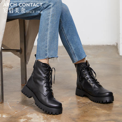 ARCHCONTACT安启美奈圆头舒适牛皮系带马丁靴52780 商品图2