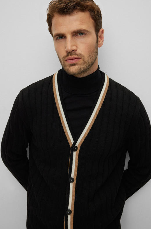 百货世界-国际精品馆-BOSS宽松版型经典条纹饰边罗纹开衫 商品图1