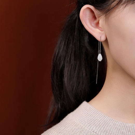 S925纯银和田玉耳坠简约百搭长款玉兰花耳线耳饰CW 商品图3