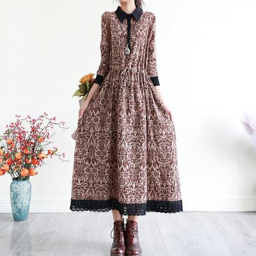 YJM-P993008复古文艺宽松翻领长袖加厚印花连衣裙 商品图2