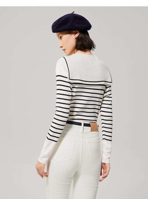 OVV新款女装桑蚕丝羊毛可拆卸领海军风条纹长袖针织衫 商品图2