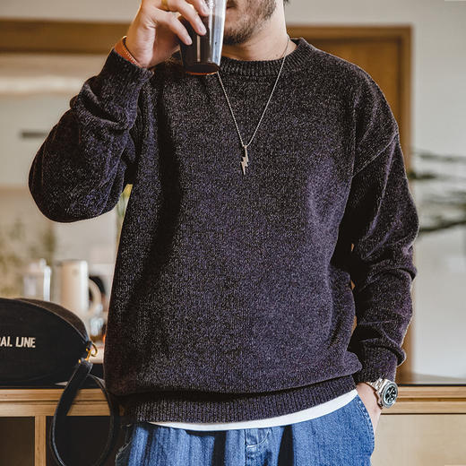 工装优选 美式休闲雪尼尔圆领毛衣保暖慵懒基础打底针织衫男秋冬 商品图1