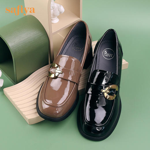 【七夕佳礼】Safiya/索菲娅 商场同款2023秋季新款小皮鞋复古英伦风漆皮圆头粗跟深口乐福鞋 SF33112420/SF23112420 商品图9