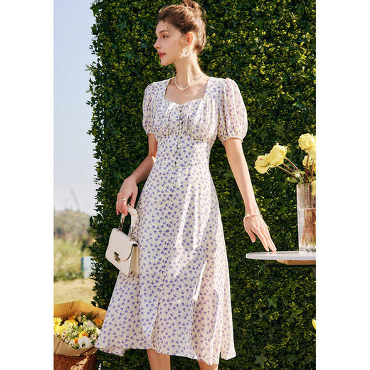 欧芮儿碎花雪纺连衣裙女春装2022年新款收腰时尚法式灯笼袖大摆裙 商品图4