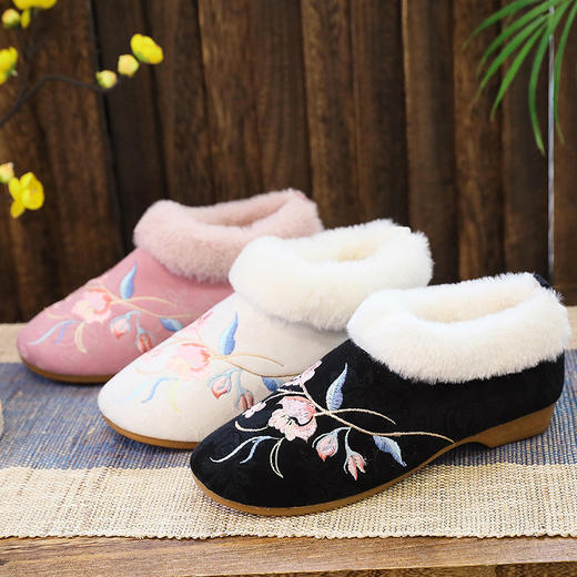 棉鞋秋季新款加绒毛口边，女士布鞋复古民族风低跟绣花鞋 XQX不觉晓 商品图1