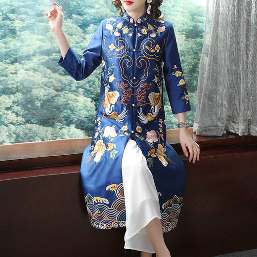 民族风大码复古刺绣单排扣宽松中长款旗袍改良式秋装外套FL6115 商品图1