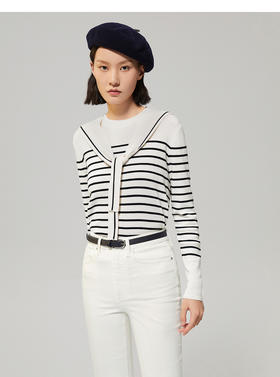 OVV新款女装桑蚕丝羊毛可拆卸领海军风条纹长袖针织衫