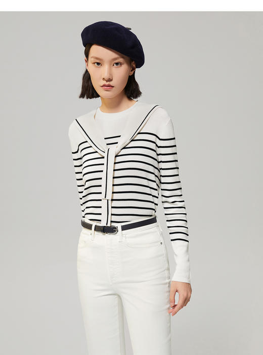 OVV新款女装桑蚕丝羊毛可拆卸领海军风条纹长袖针织衫 商品图0