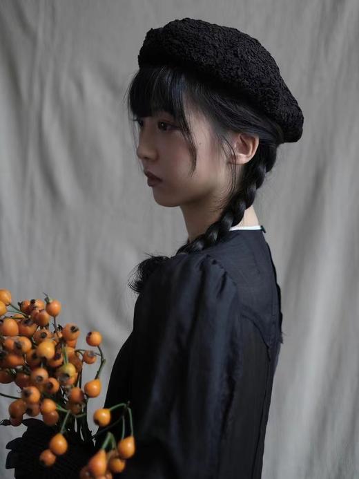 kreuzzz 米色/黑色ishi棉质肌理贝雷帽 商品图7