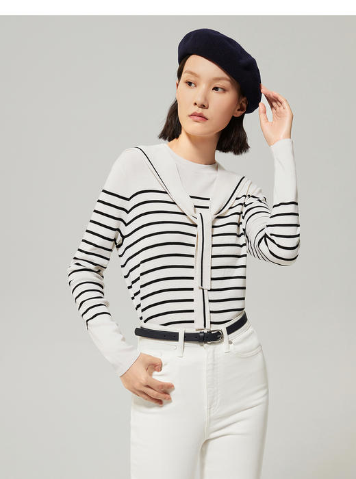 OVV新款女装桑蚕丝羊毛可拆卸领海军风条纹长袖针织衫 商品图3