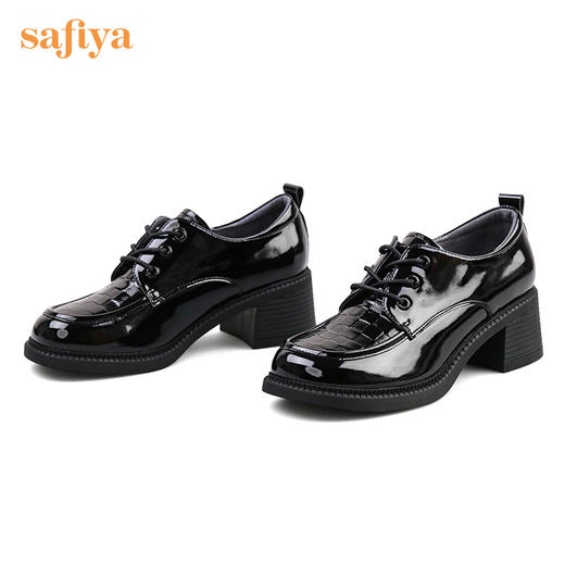 Safiya/索菲娅 2024新款复古英伦风压花牛皮系带粗跟小皮鞋女 SF23112415/SF31112415/SF41112415 商品图5