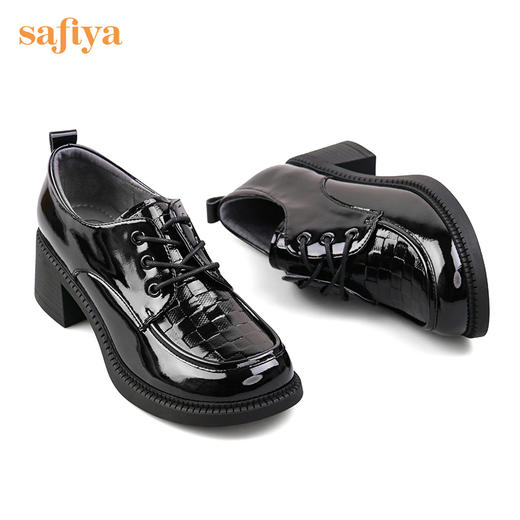 Safiya/索菲娅 2024新款复古英伦风压花牛皮系带粗跟小皮鞋女 SF23112415/SF31112415/SF41112415 商品图2