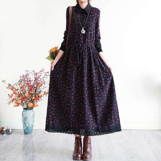 YJM-P993008复古文艺宽松翻领长袖加厚印花连衣裙 商品图3