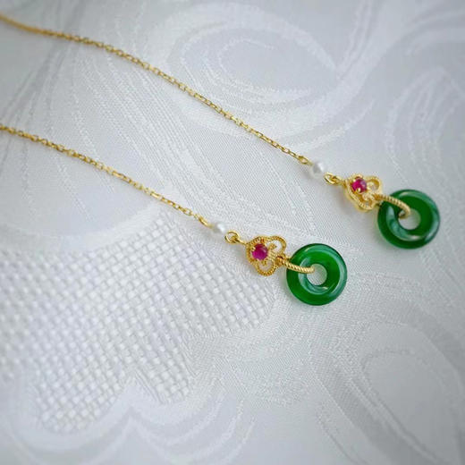 龢盒原创 18k金镶冰绿翡翠平安圈耳线 商品图0