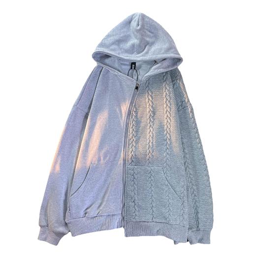 黛唯梵氛围感春秋斜链开衫外套女早秋2022新款设计感拼接麻花纹连帽卫衣 商品图4