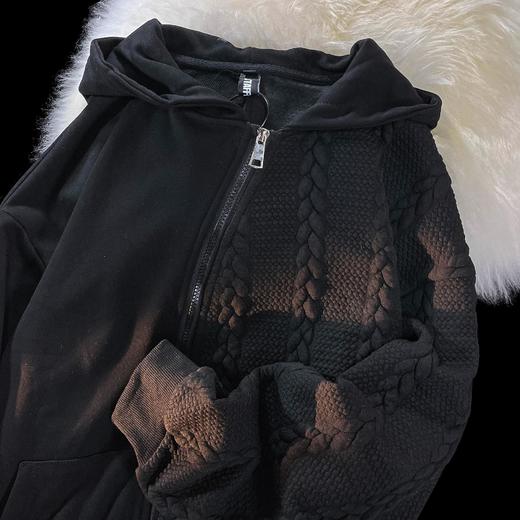 黛唯梵氛围感春秋斜链开衫外套女早秋2022新款设计感拼接麻花纹连帽卫衣 商品图3