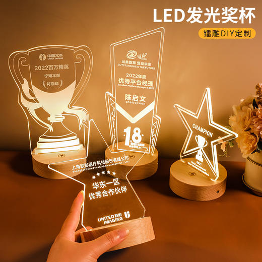 发光实木底座水晶奖杯定制定做奖牌亚克力LED员工纪念礼品小夜灯 商品图4