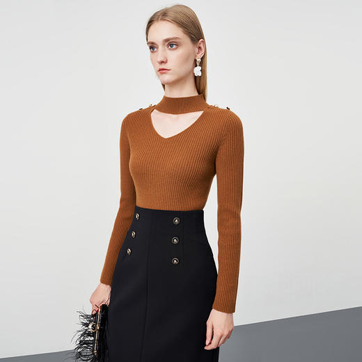 EITIE爱特爱秋季新款100%绵羊毛挂脖镂空套头长袖基础款纯色通勤针织衫C2201016 商品图4