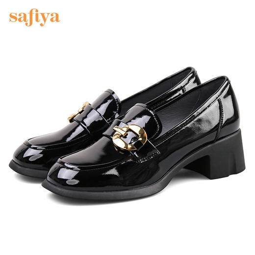 【七夕佳礼】Safiya/索菲娅 商场同款2023秋季新款小皮鞋复古英伦风漆皮圆头粗跟深口乐福鞋 SF33112420/SF23112420 商品图5