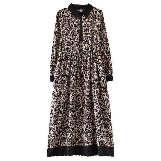 YJM-P993008复古文艺宽松翻领长袖加厚印花连衣裙 商品图4