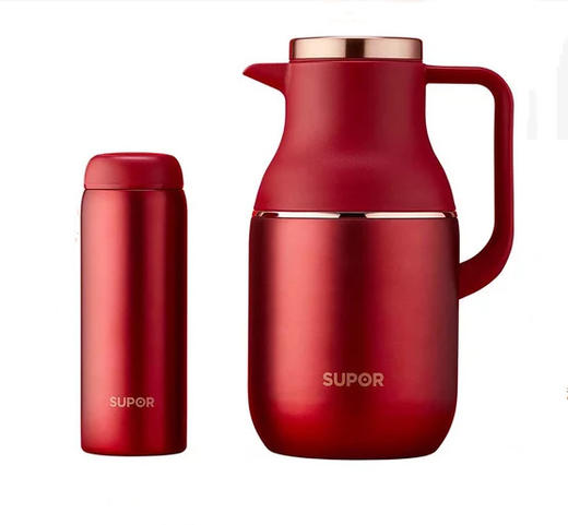 苏泊尔（SUPOR）家用暖水壶大容量热水开水暖瓶 304不锈钢真空保温壶套装 1.7L+380ml 星辰红TK2058Q 商品图0