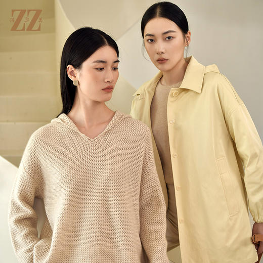 佐尔美秋季新款 时尚纯色带帽中长风衣女E23FZ13 商品图3