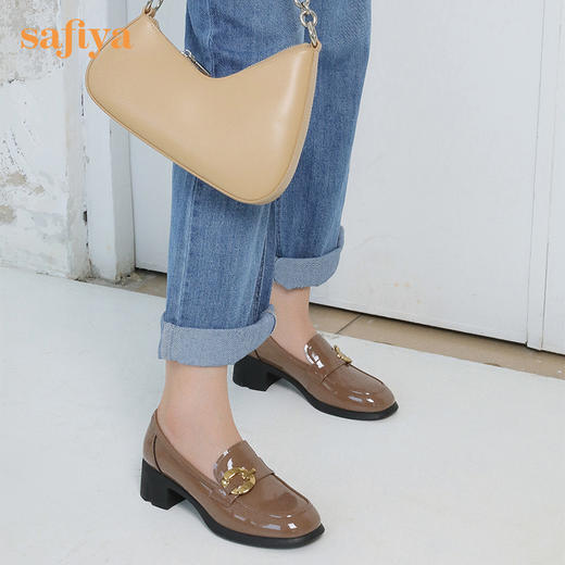 【七夕佳礼】Safiya/索菲娅 商场同款2023秋季新款小皮鞋复古英伦风漆皮圆头粗跟深口乐福鞋 SF33112420/SF23112420 商品图11