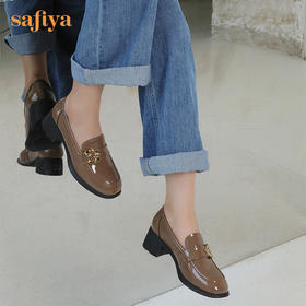 【七夕佳礼】Safiya/索菲娅 商场同款2023秋季新款小皮鞋复古英伦风漆皮圆头粗跟深口乐福鞋 SF33112420/SF23112420