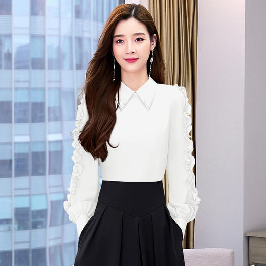 HR WHA028-19翻领衬衫上衣通勤简约花边袖衬衣 商品图1