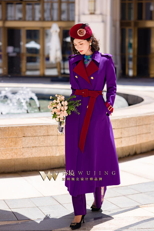 2202189 青都紫薇 厚织双色斜纹醋酸缎外套 雾境 （腰带为紫色） 商品图0