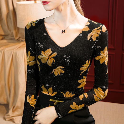 印花网纱打底衫，秋冬新款气质v领欧货小衫薄款内搭收腰上衣SG-T2D3189 商品图3