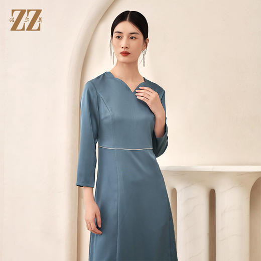 秋季新款 气质9分袖纯色V领连衣裙女E23LL14 商品图0