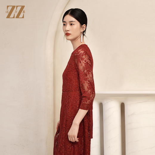 佐尔美2022秋季新款 气质蕾丝珍片7分袖连衣裙女E23LL21 商品图3