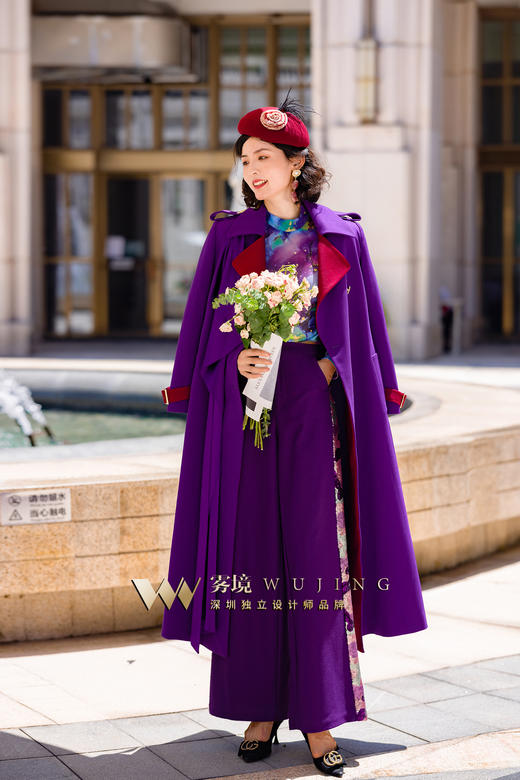 2202189 青都紫薇 厚织双色斜纹醋酸缎外套 雾境 （腰带为紫色） 商品图1