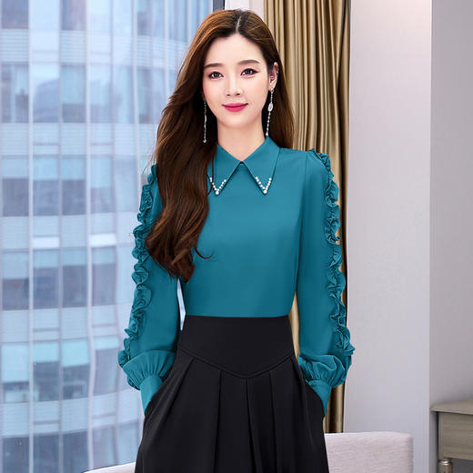 HR WHA028-19翻领衬衫上衣通勤简约花边袖衬衣 商品图3