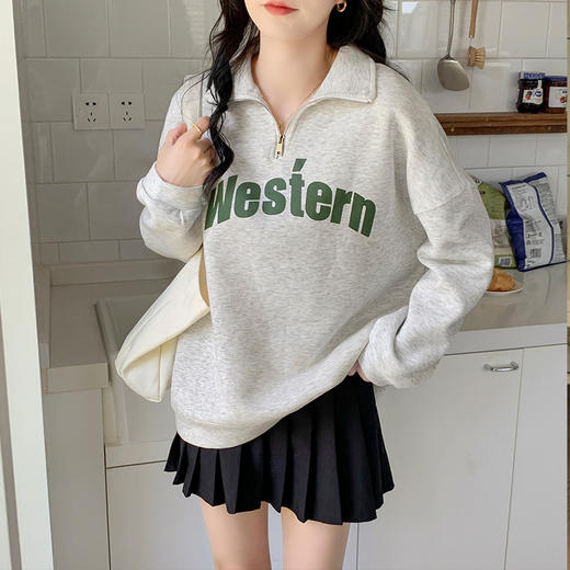 【秋冬暖阳 伴你过冬】2022春秋薄款原宿风卫衣外套女翻领宽松oversize印花拉链套头上衣 商品图3