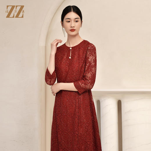 佐尔美2022秋季新款 气质蕾丝珍片7分袖连衣裙女E23LL21 商品图2