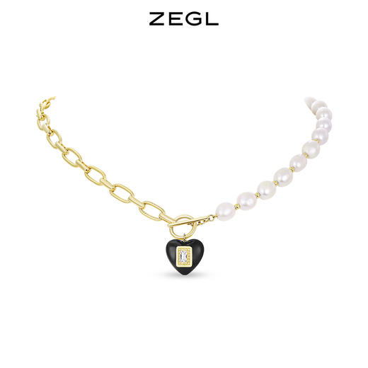 ZEGL设计师山茶花系列淡水珍珠项链女轻奢小众OT扣黑色爱心锁骨链 商品图0