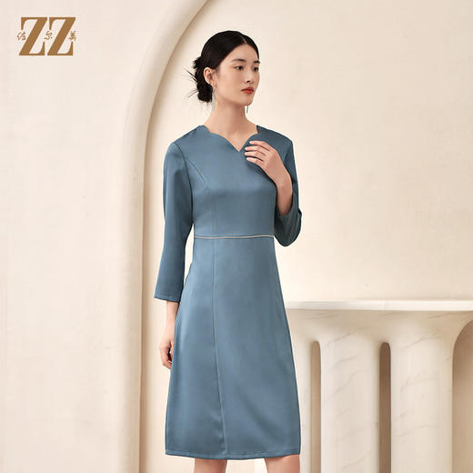 秋季新款 气质9分袖纯色V领连衣裙女E23LL14 商品图1