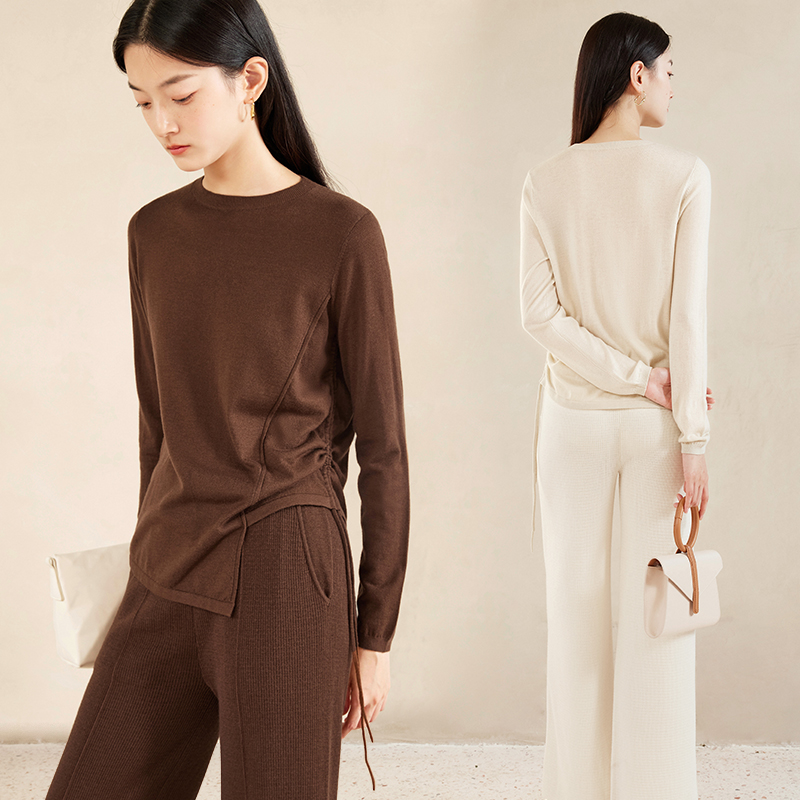 IN AND ON2022秋季新款羊毛针织宽松上衣女高腰显瘦辑线宽腿裤套装