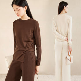 IN AND ON2022秋季新款羊毛针织宽松上衣女高腰显瘦辑线宽腿裤套装