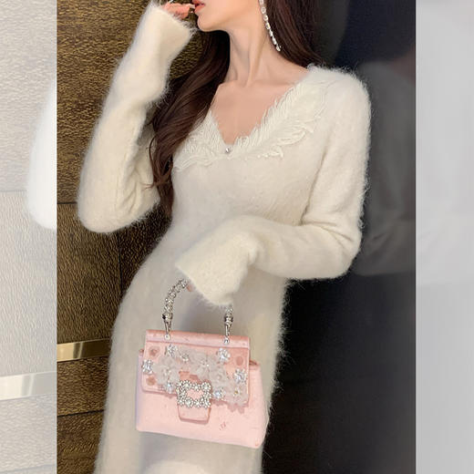 【孤品样衣，不退不换】【雪绒花】设计感羽毛贴花钉珠连衣裙 商品图3